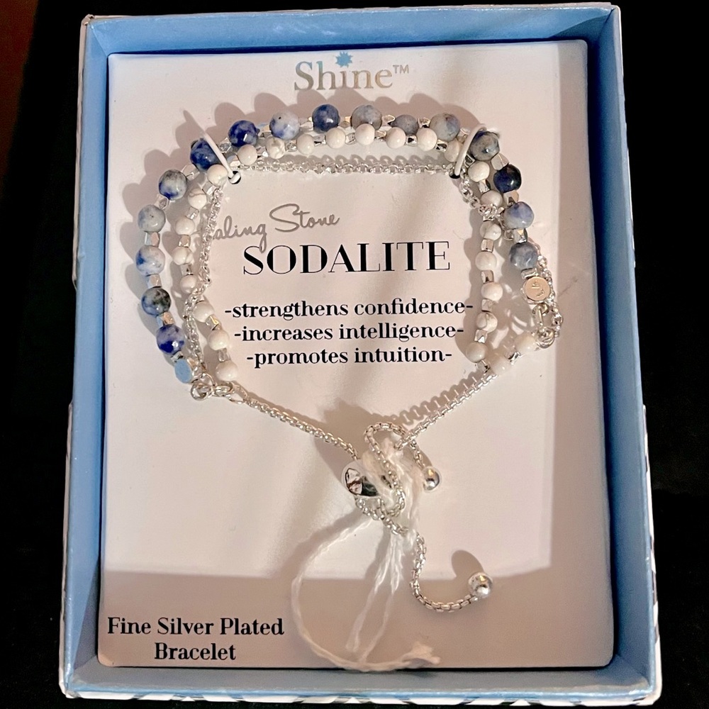 NWT- Silver Plated Blue, White and Silver Healing Stone Sodalite Beaded Bracelet